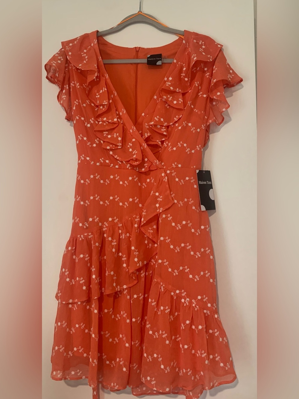 Maison Tara Coral Ruffle Dress Size 10 Floral Teired Belted NWT
